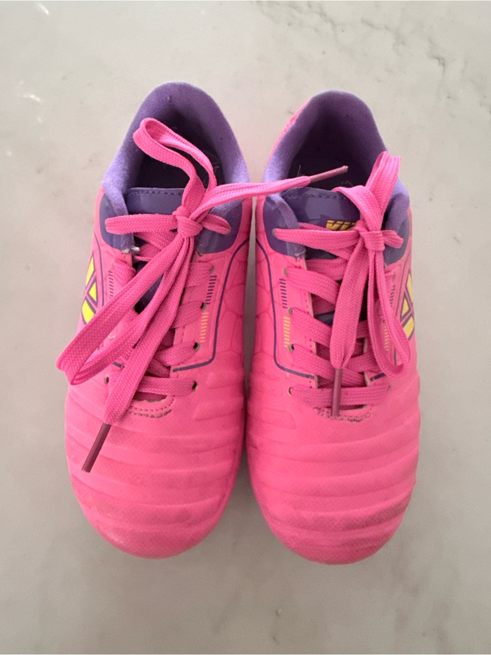 Kids Pink Soccer Cleats with Purple Trim